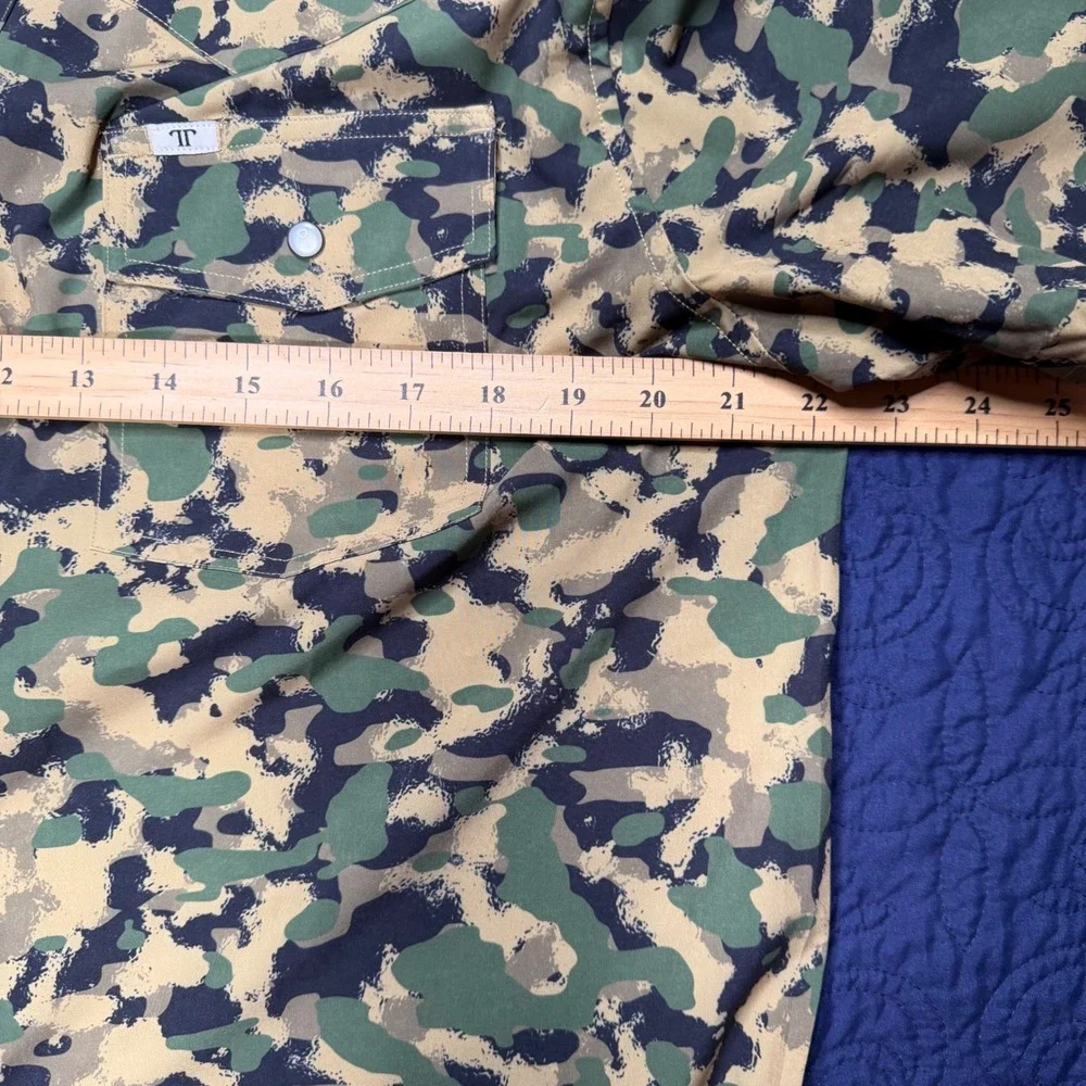 Ferrell Mens Camo Western Pearl Snap Shirt Green Tan Short Sleeve Stretch Large
